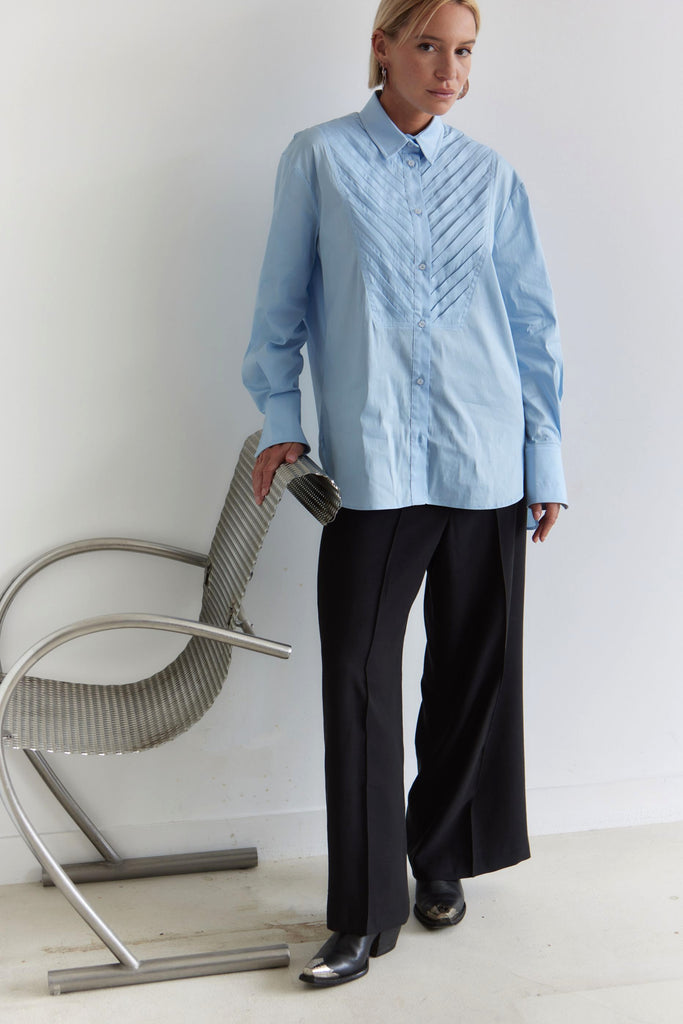CELINE Tuxedo Pleats Shirt - Soft Blue - kimosabiworld.com