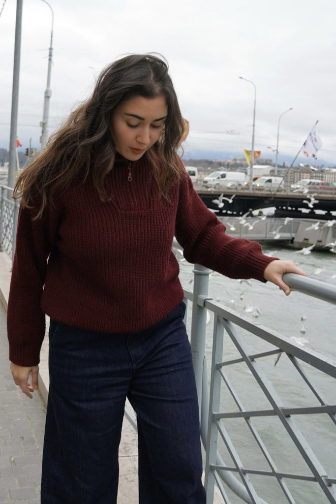 MICHAL High - Zip Neck Ribbed Sweater - Bordeau - kimosabiworld.com