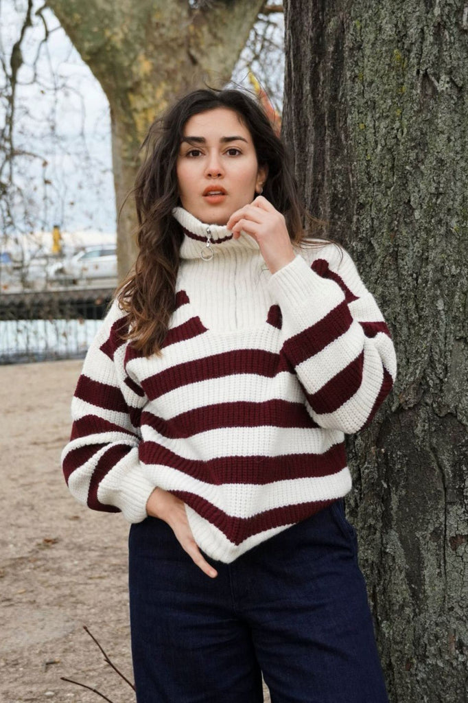 MICHEL High - Neck Ribbed Striped Sweater - Bordeau - kimosabiworld.com