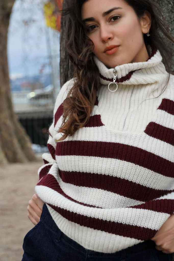 MICHEL High - Neck Ribbed Striped Sweater - Bordeau - kimosabiworld.com
