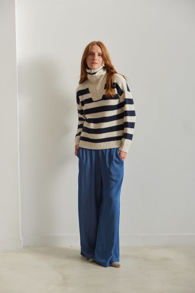 MICHEL High - Neck Ribbed Striped Sweater - Petrol - kimosabiworld.com