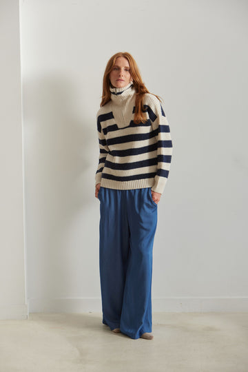 MICHEL High - Neck Ribbed Striped Sweater - Petrol - kimosabiworld.com