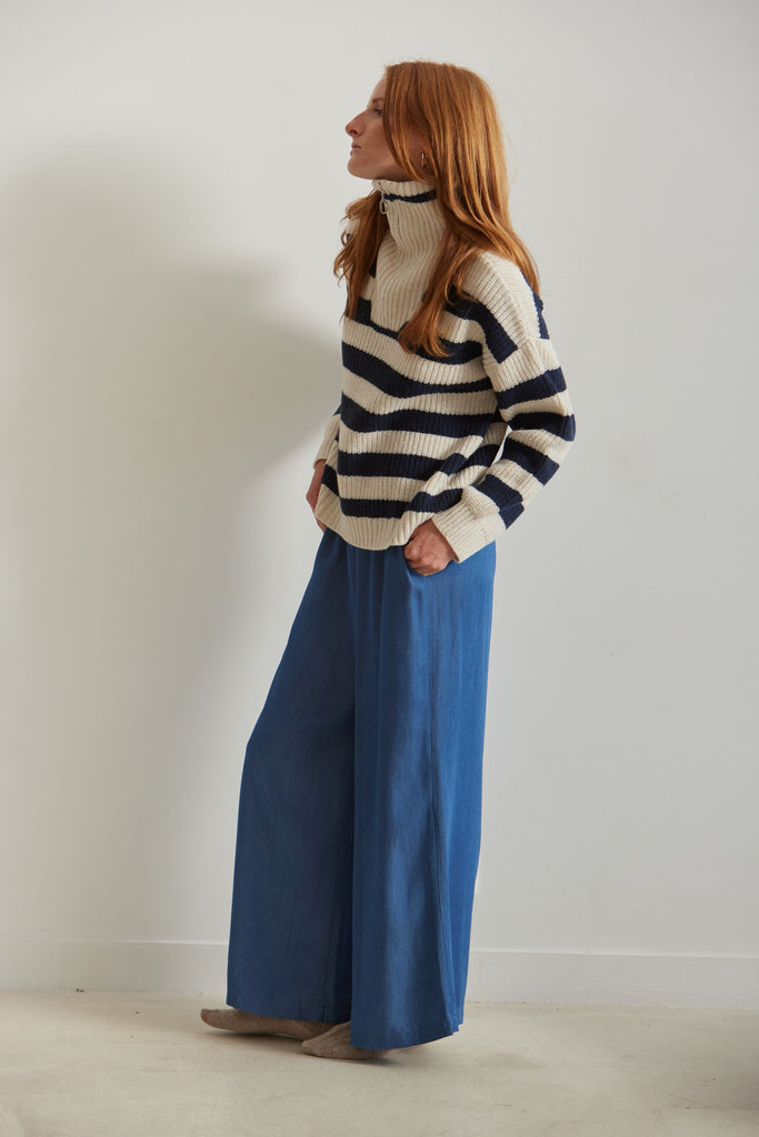 MICHEL High - Neck Ribbed Striped Sweater - Petrol - kimosabiworld.com