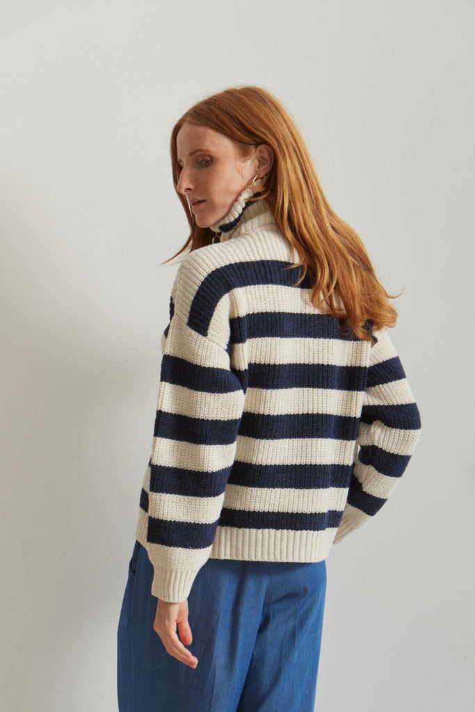 MICHEL High - Neck Ribbed Striped Sweater - Petrol - kimosabiworld.com