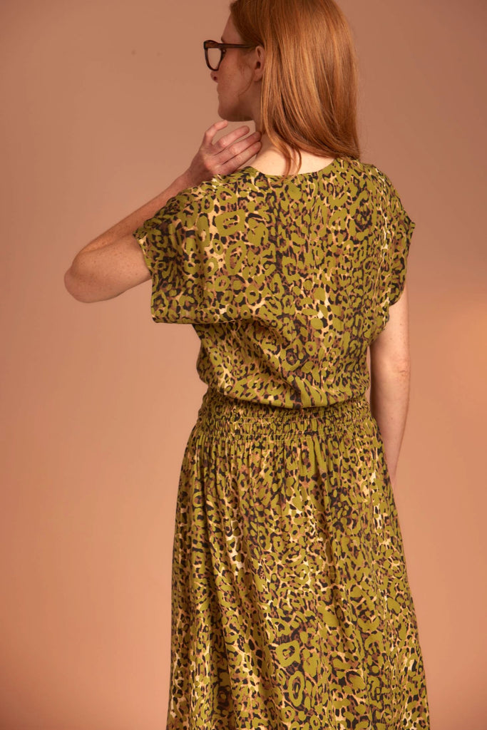 SERENA Shirred Dress – Pistachio Leopard - kimosabiworld.com