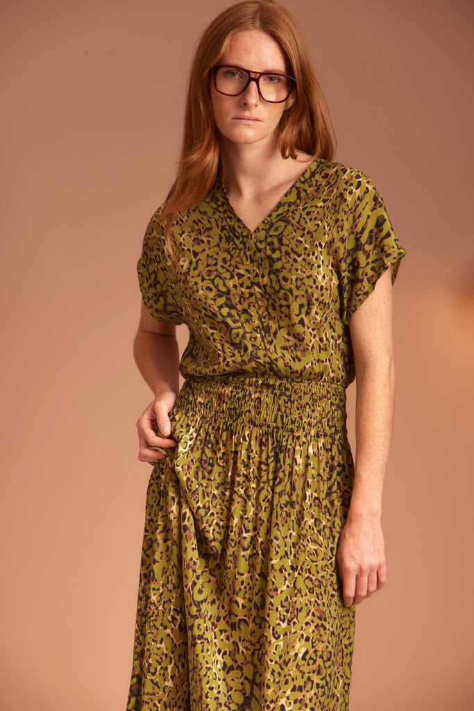 SERENA Shirred Dress – Pistachio Leopard - kimosabiworld.com