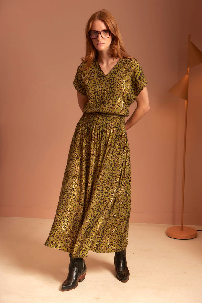 SERENA Shirred Dress – Pistachio Leopard - kimosabiworld.com