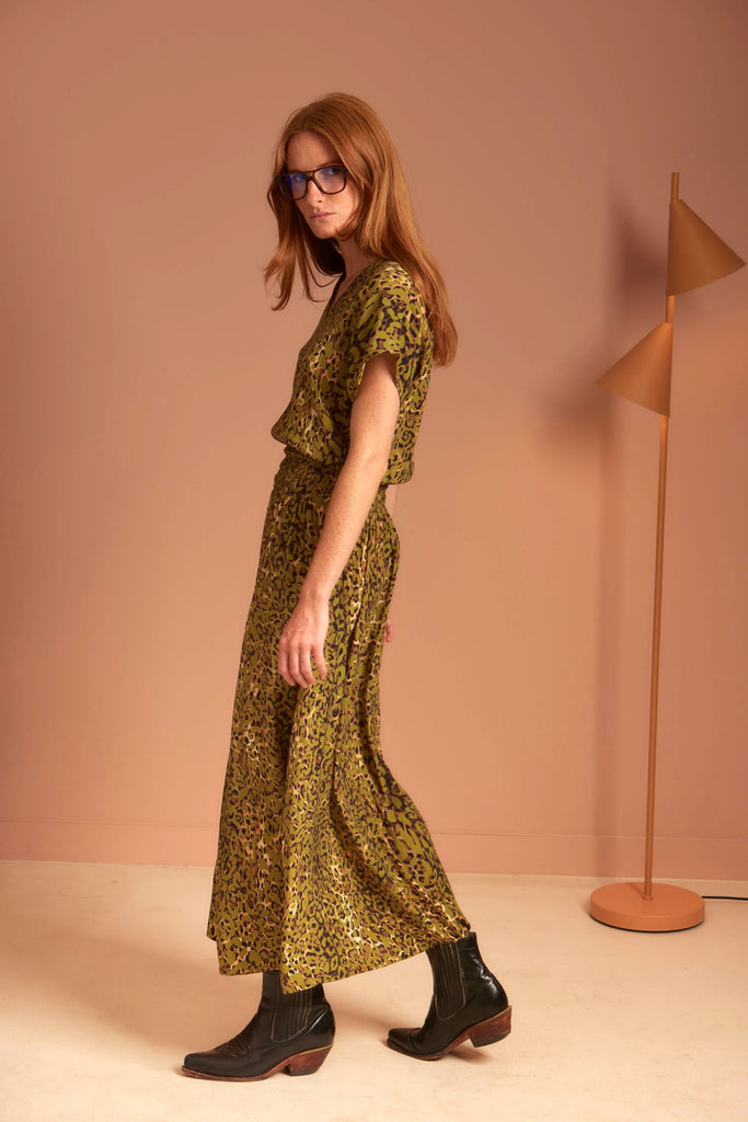 SERENA Shirred Dress – Pistachio Leopard - kimosabiworld.com