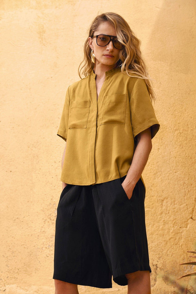 LIHI Half - Sleeve Cupro Viscose Shirt - Mustard - kimosabiworld.com