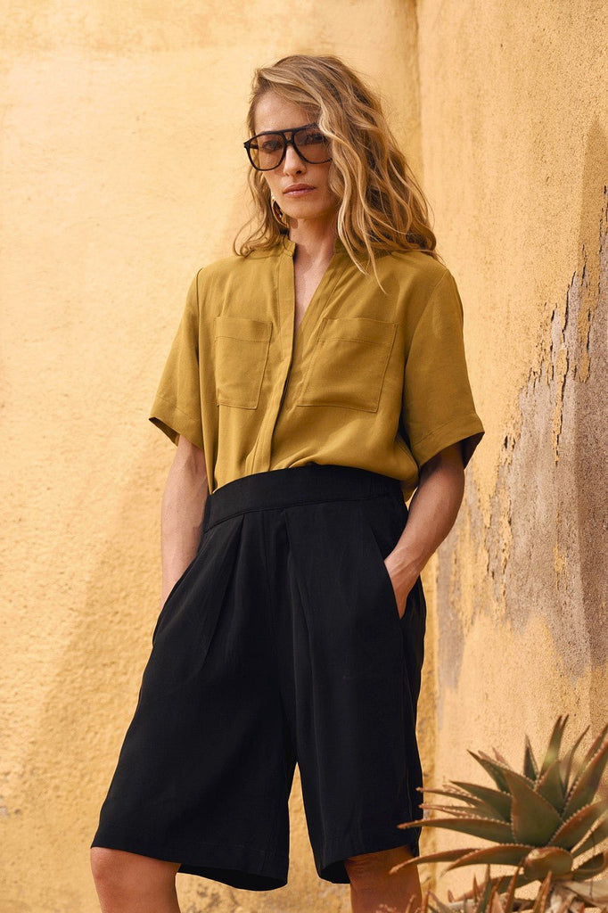 LIHI Half - Sleeve Cupro Viscose Shirt - Mustard - kimosabiworld.com